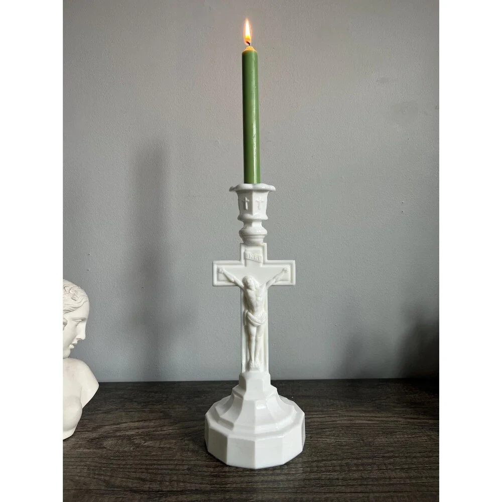 Vintage Milk Glass Crucifix Candle Holder